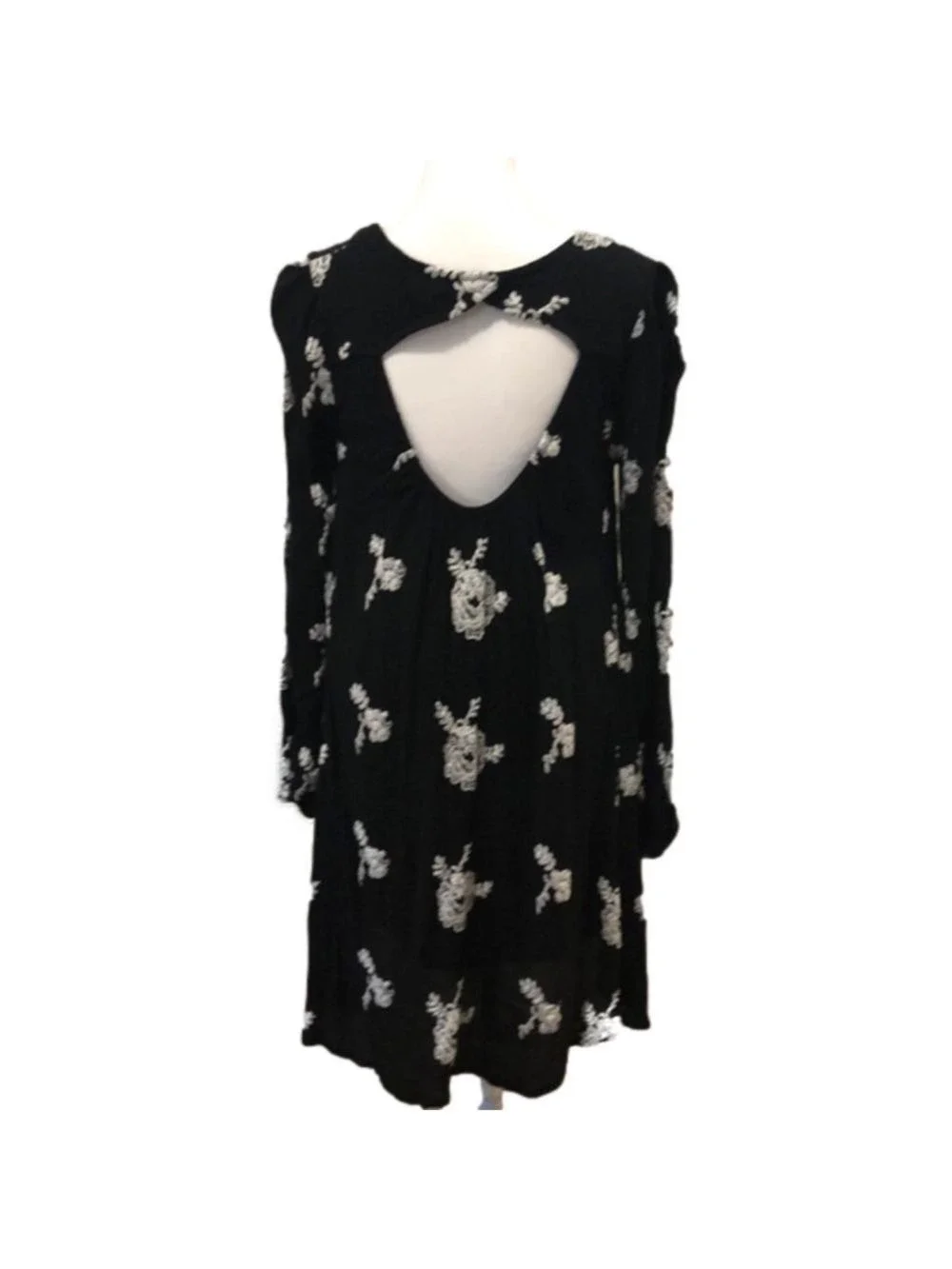 Free People Emma Flare Dress Crinkled Gauze Floral Keyhole Back Black & White S